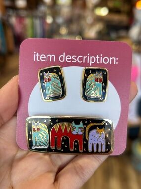 Laurel Burch Cat Earrings and Brooch Set